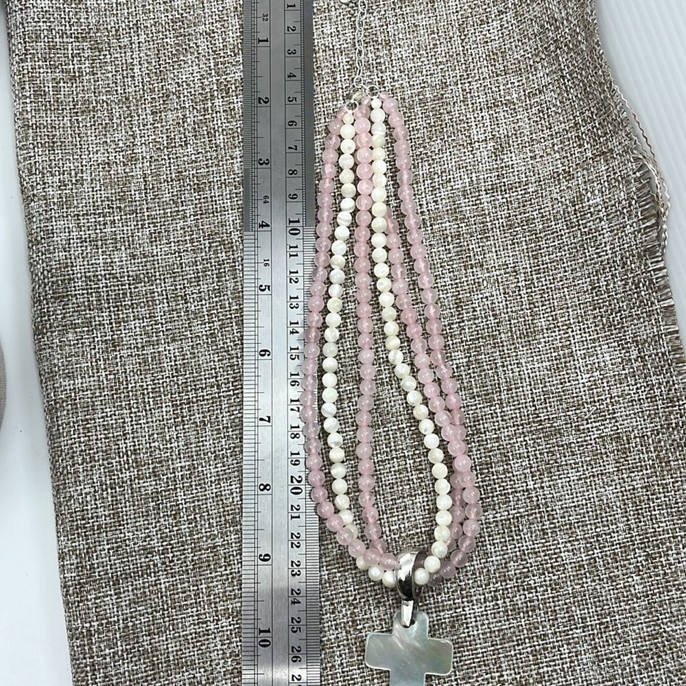 Vintage Rose Quartz Pearl Necklace Set - Mother-of-Pearl Cross Pendant - Picture 13 of 16